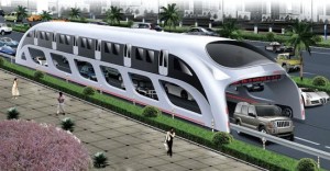 Autobús 3D que circula por encima de los coches