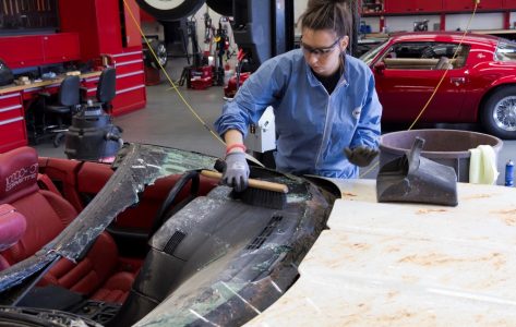 Restoration is underway on the 1-millionth Corvette, a 1992 convertible, that was damaged in the sinkhole that opened up beneath the National Corvette Museum, in Bowling Green, Ky., on Feb. 12, 2014. Completion of the project is scheduled for September.