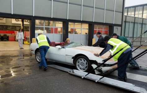 Restoration is underway on the 1-millionth Corvette, a 1992 convertible, that was damaged in the sinkhole that opened up beneath the National Corvette Museum, in Bowling Green, Ky., on Feb. 12, 2014. Completion of the project is scheduled for September.