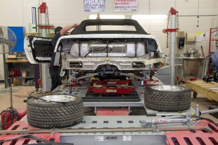 Restoration is underway on the 1-millionth Corvette, a 1992 convertible, that was damaged in the sinkhole that opened up beneath the National Corvette Museum, in Bowling Green, Ky., on Feb. 12, 2014. Completion of the project is scheduled for September.