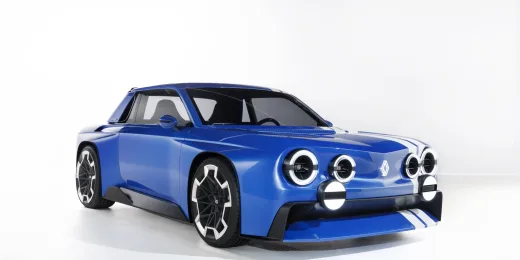 Renault 8 Gordini Concept eléctrico blanco, visto de frente y lateral