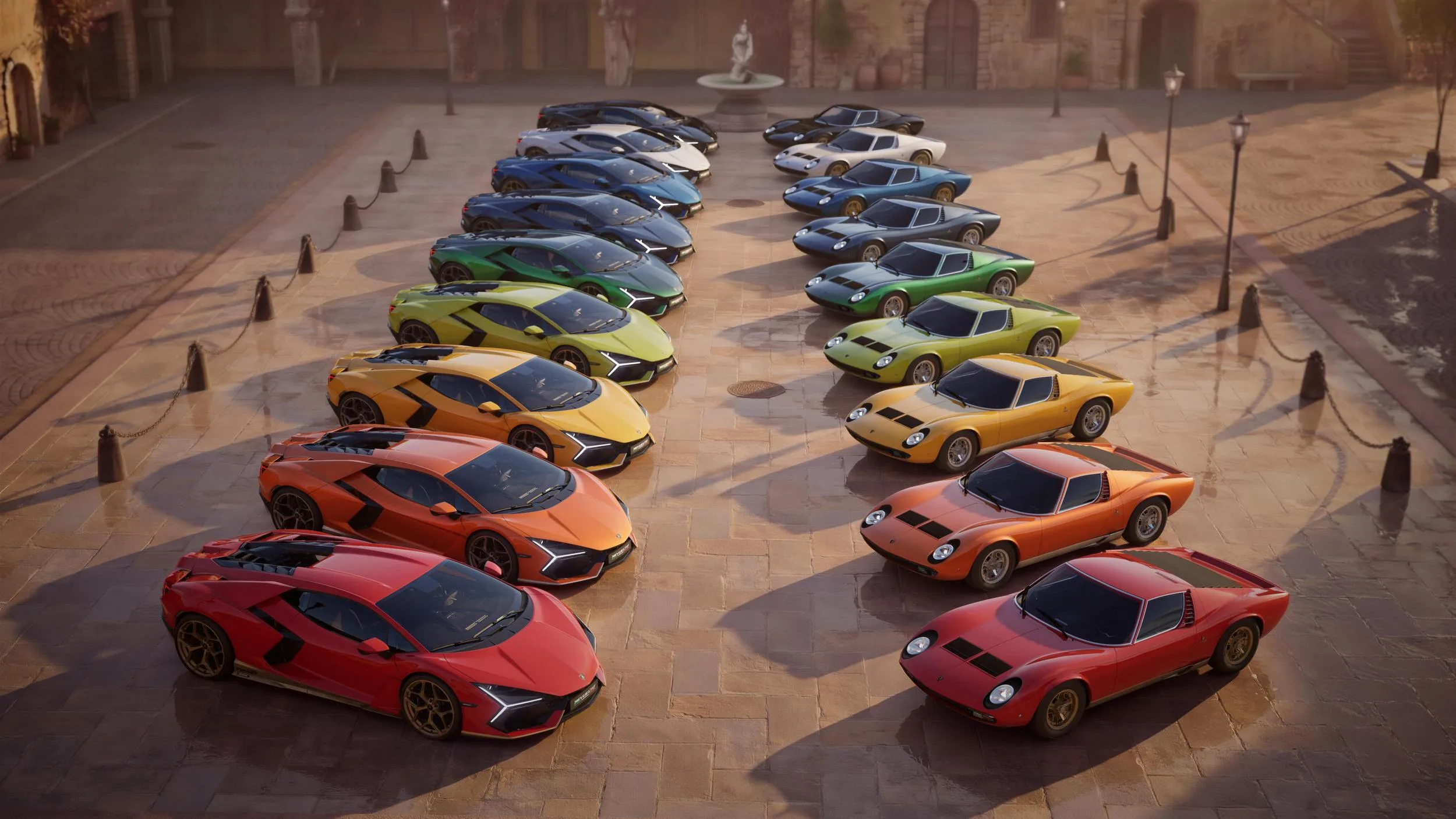 Varios Lamborghini Revuelto de colores vistos desde arriba en un patio