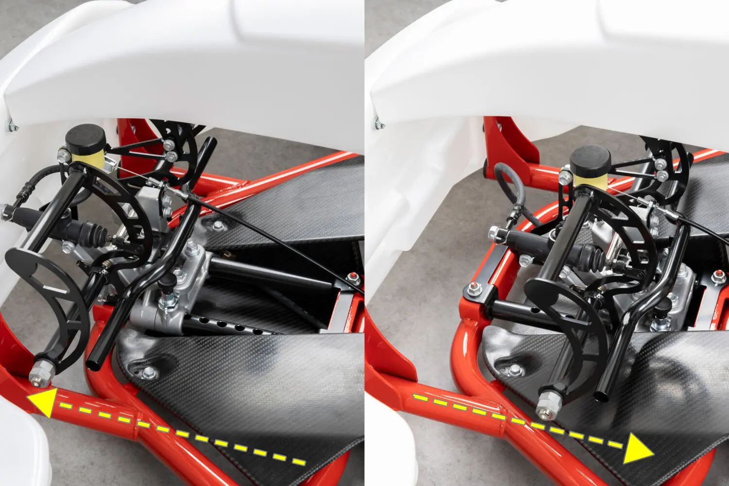 Comparativa de dos posiciones de los pedales ajustables del Toyota GR KART