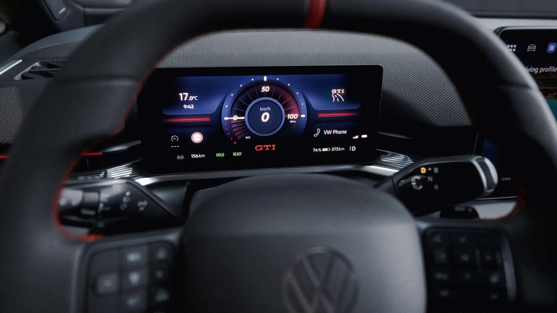 Cuadro digital del Volkswagen ID.3 GTI con interfaz GTI y velocidad a cero